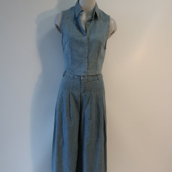 Womens Alice + Olivia 2PC Light Blue Denim Tank Button Down Top/Wide Leg Pants 4 - Picture 1 of 9